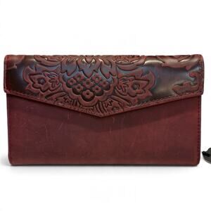 Julia Buxton Wine Tooled Leather RFID Organizer Clutch Wallet Floral Burgundy